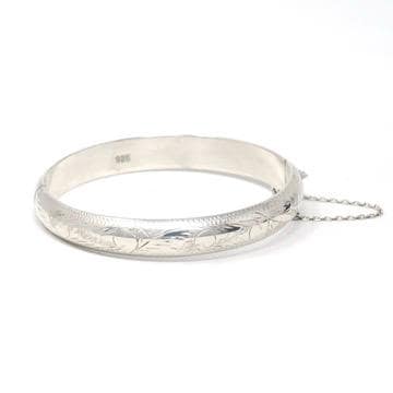 Vintage Bangle Bracelet - Retro Sterling Silver 7 Inch Flower Nature Inspired Design - Circa 1960s Era Statement Safety Chain 60s Jewelry