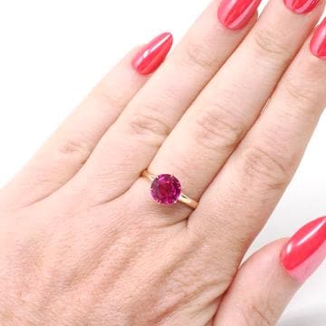 Created Ruby Ring - Mid Century 10k Yellow Gold Round Faceted 1.90 CT Red Pink Stone - Vintage Circa 1940s Era Size 5 3/4 Solitaire Jewelry