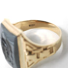 Vintage Hematite Ring - Mid Century 10k Yellow Gold Intaglio Carved Gray Gem - Circa 1940s Era Size 8 1/2 Statement Fine Unisex 40s Jewelry