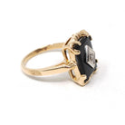 Vintage Onyx Ring - Mid Century 10k Yellow Gold Rectangular Black Cut Gem - Circa 1940s Era Size 3 1/4 Natural Diamond Chalcedony Jewelry