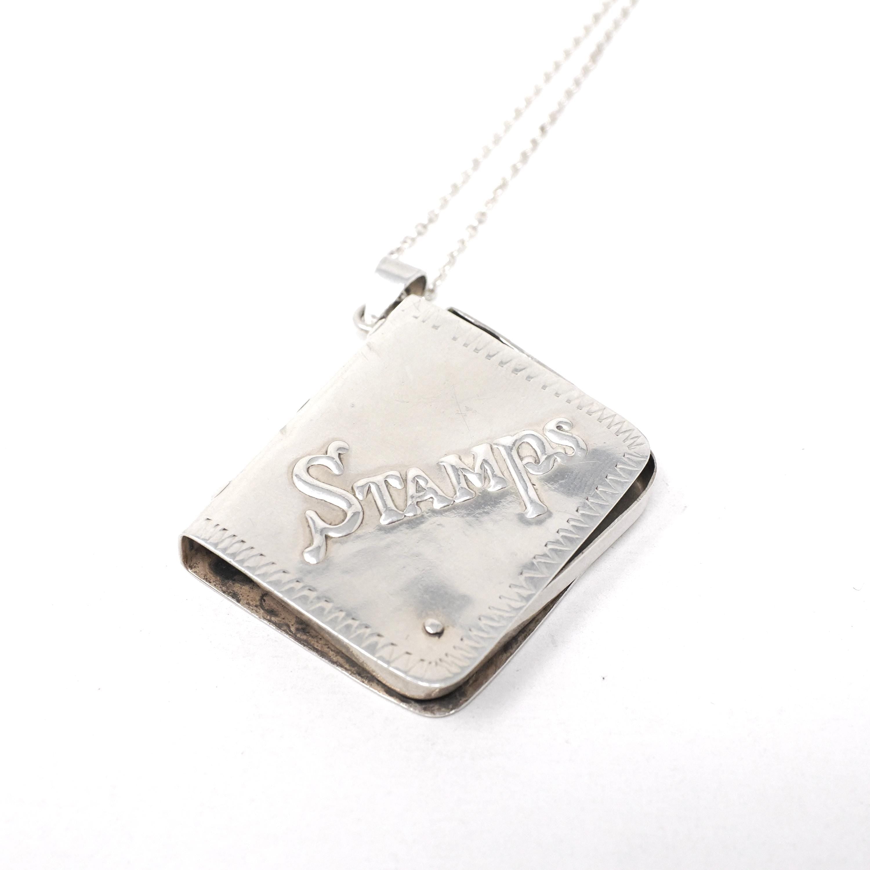 Vintage Stamp Book Locket - Estate English Sterling Silver Collectors Pendant Necklace - Circa 1990s Era Square Memento Keepsake Jewelry