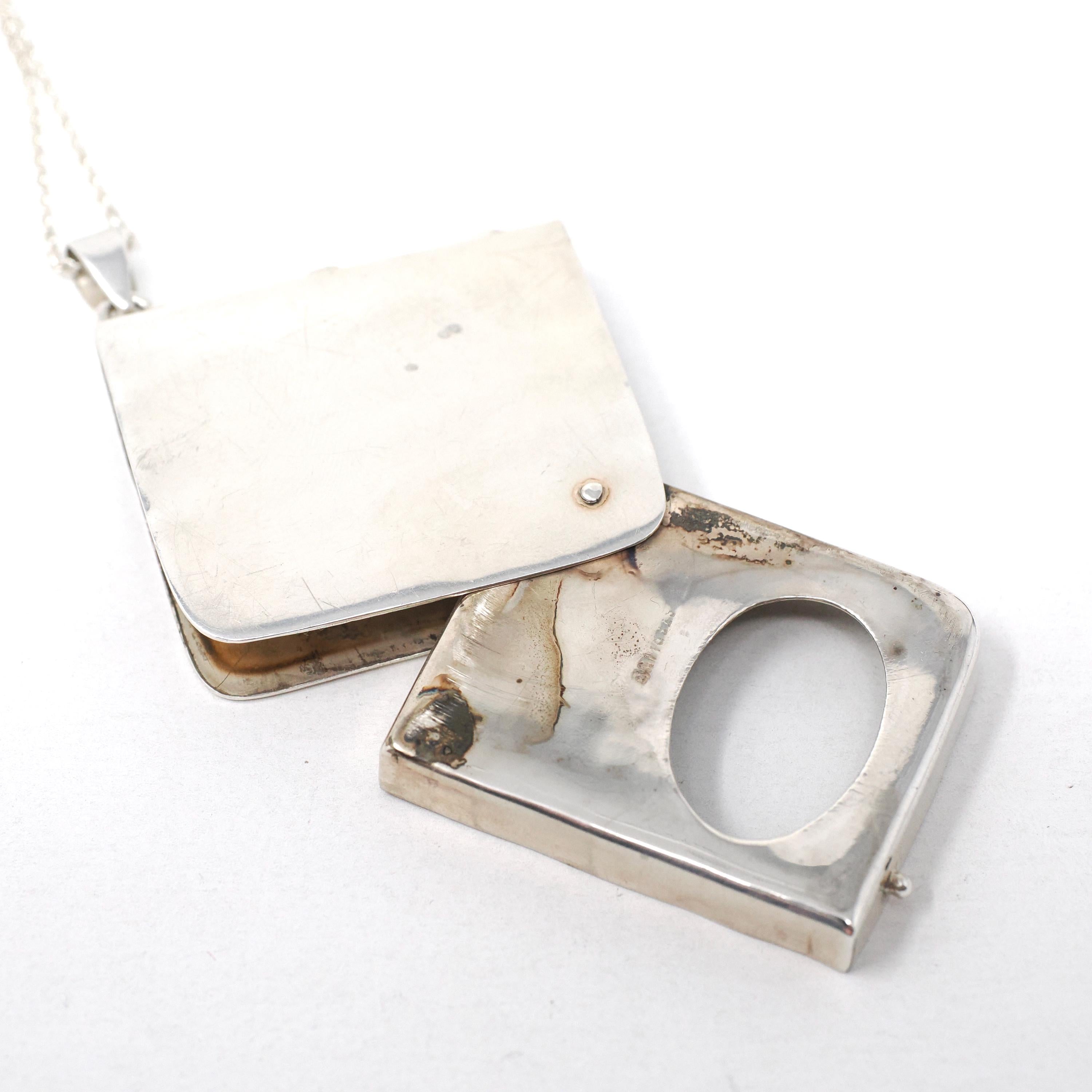 Vintage Stamp Book Locket - Estate English Sterling Silver Collectors Pendant Necklace - Circa 1990s Era Square Memento Keepsake Jewelry