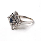 Modern Estate Cocktail Ring - 18K White Gold Natural Diamonds Blue Sapphires Square Halo - Circa 2000 Size 5 Illusion Fine Jewelry