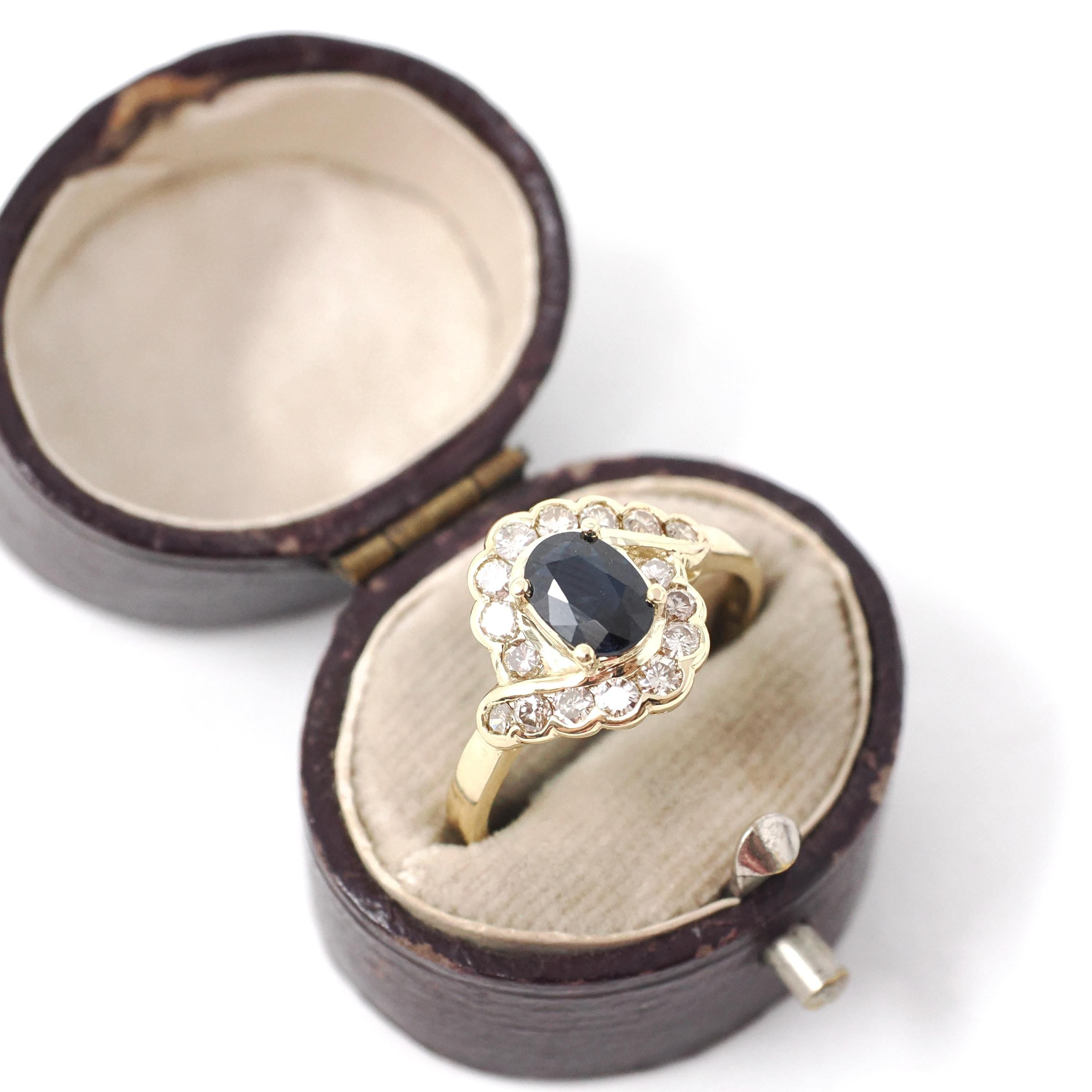 Sapphire & Diamond Halo Ring - Estate 14k Yellow Gold Oval Floral Cluster - Modern Circa 2000s Era Size 7 1/2 Engagement Fine Bridal Jewelry