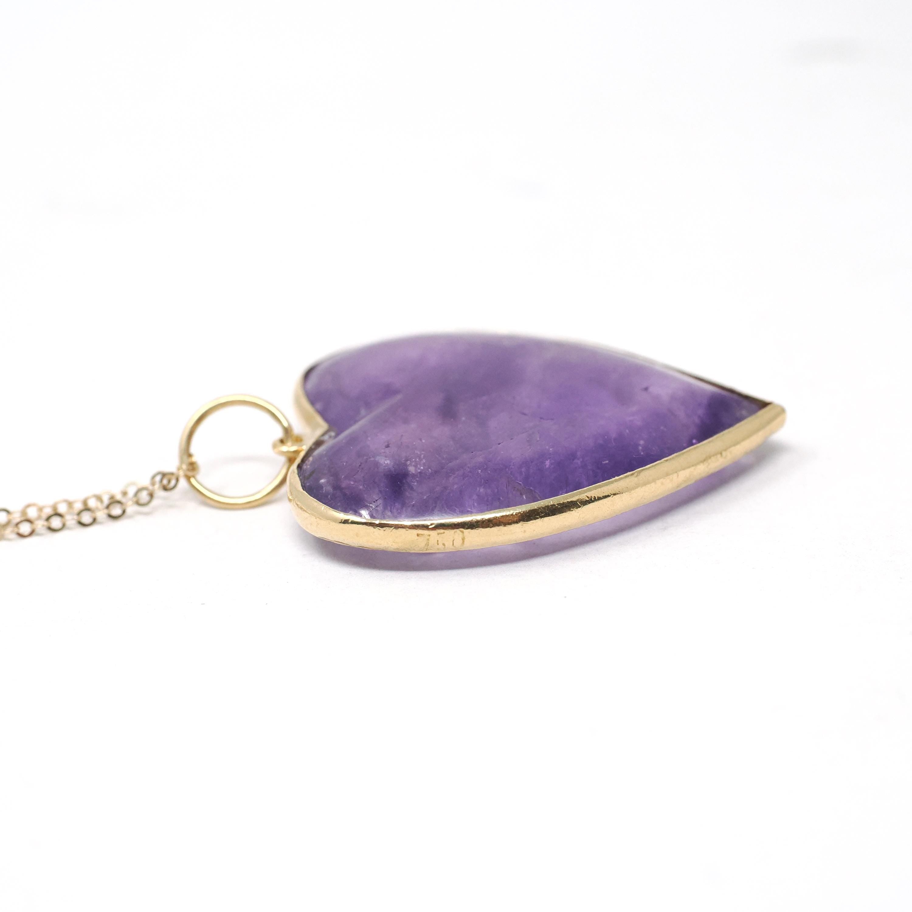 Amethyst Heart Necklace - Modern Estate 18k Yellow Gold Bezel Natural Gemstone Pendant Charm - Circa 2000s Fine February Birthstone Jewelry