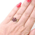 Hand Bypass Ring - Modern 9k Yellow Gold .18 TW Red Garnet Flower Halo - Estate Circa 2000s Size 6 Clasping Figural Flora Fine Jewelry