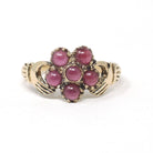 Hand Bypass Ring - Modern 9k Yellow Gold .18 TW Red Garnet Flower Halo - Estate Circa 2000s Size 6 Clasping Figural Flora Fine Jewelry