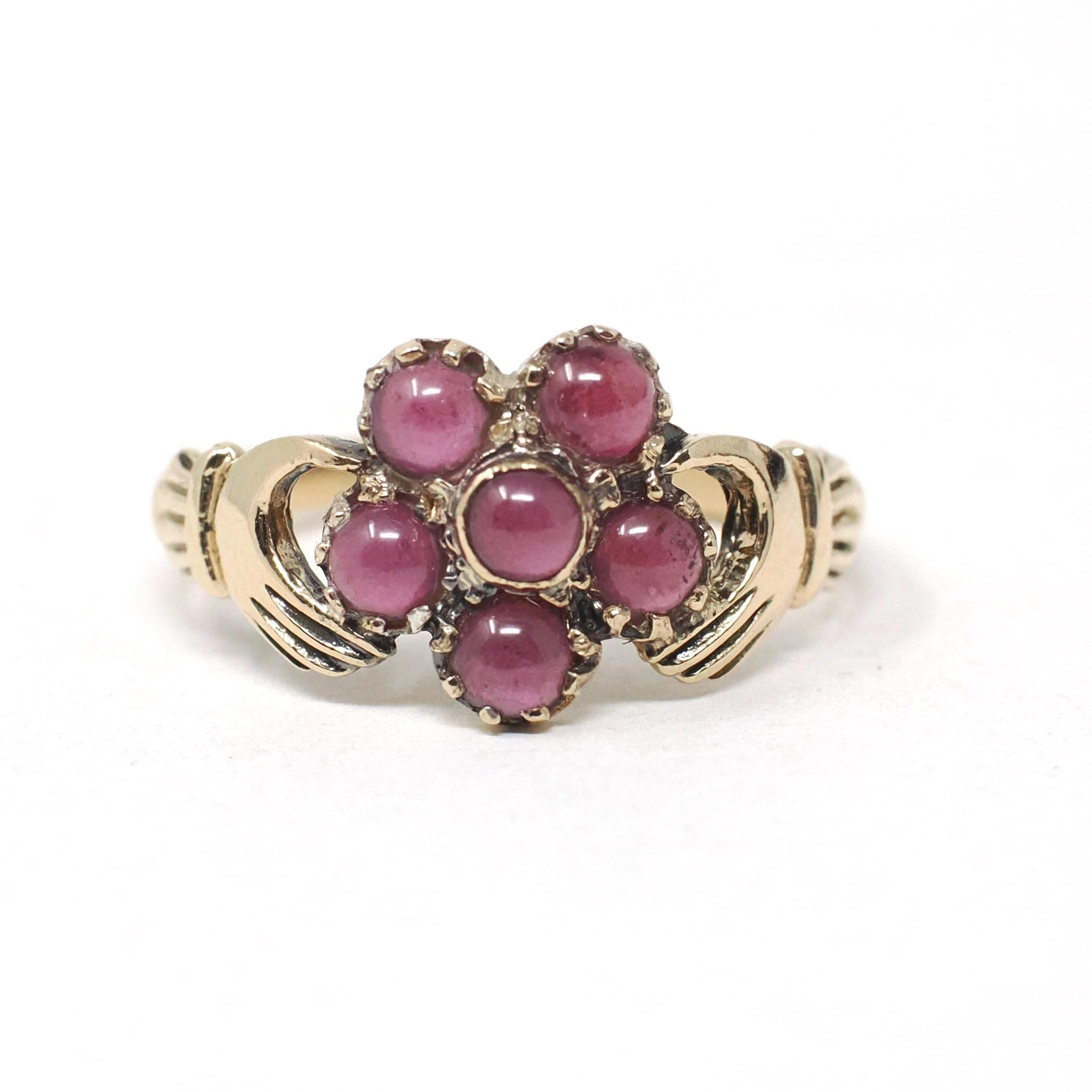 Hand Bypass Ring - Modern 9k Yellow Gold .18 TW Red Garnet Flower Halo - Estate Circa 2000s Size 6 Clasping Figural Flora Fine Jewelry