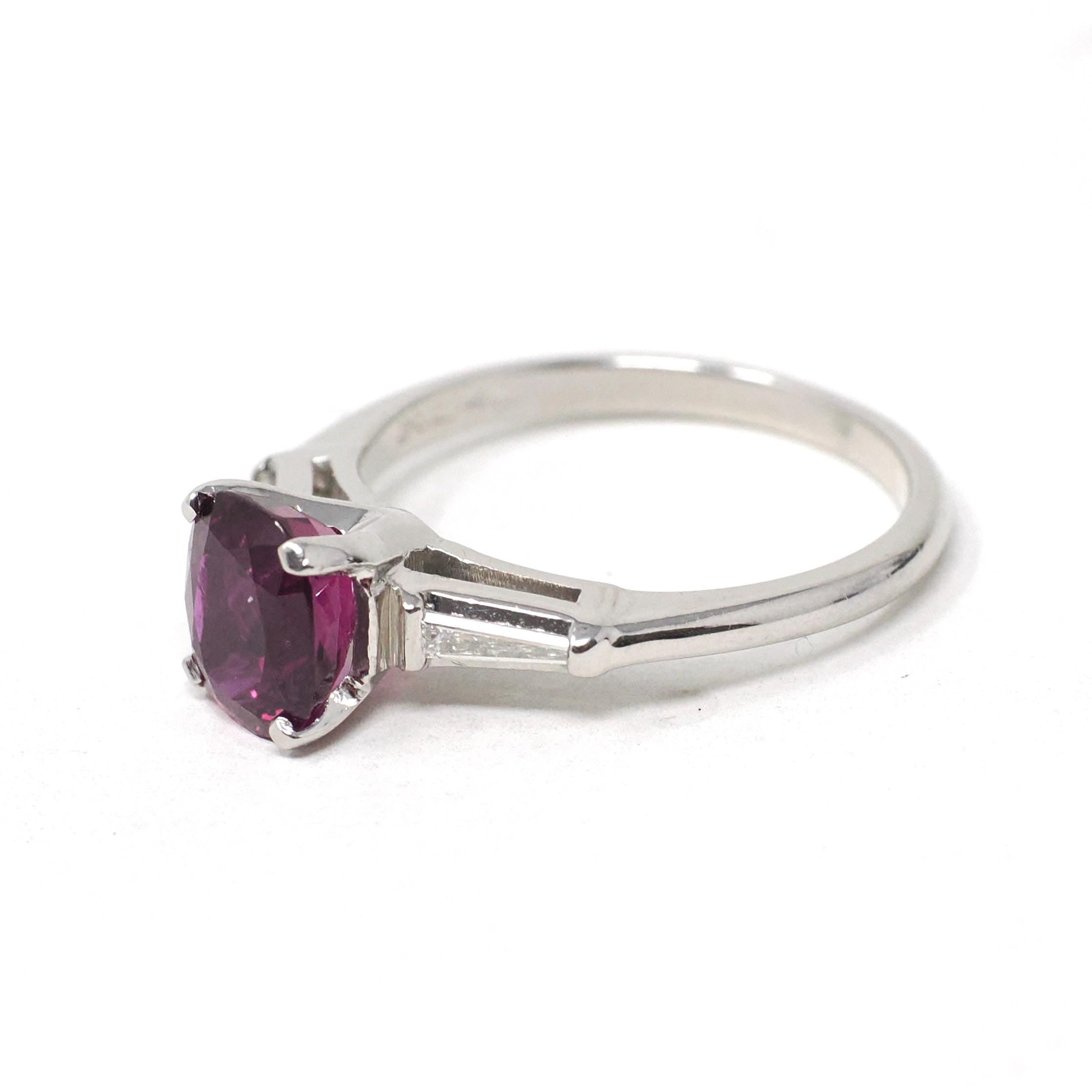 Ruby & Diamond Ring - Estate Platinum Natural Pink Red Gemstone Tapered Baguette Engagement - Modern Era Size 5 3/4 Fine Anniversary Jewelry