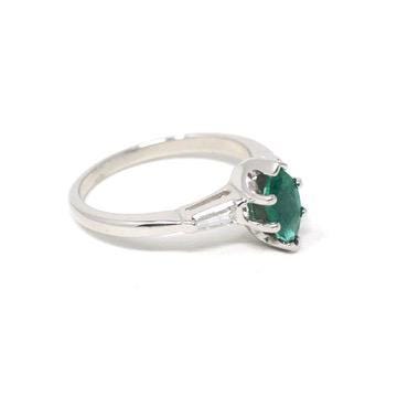 Vintage Emerald & Diamond Ring - Mid Century Platinum Natural Green Marquise Gem Engagement - Circa 1960s Era Size 6 1/4 May Fine Jewelry