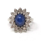 Created Star Sapphire Ring - Mid Century 14k White Gold .68 CT Blue Stone .18 CTW Diamond Halo - Circa 1950s Size 4 3/4 Fine Bridal Jewelry