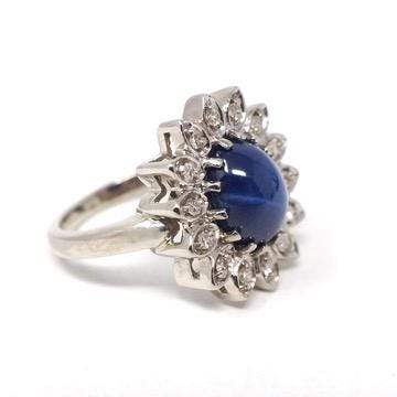 Created Star Sapphire Ring - Mid Century 14k White Gold .68 CT Blue Stone .18 CTW Diamond Halo - Circa 1950s Size 4 3/4 Fine Bridal Jewelry