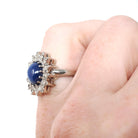 Created Star Sapphire Ring - Mid Century 14k White Gold .68 CT Blue Stone .18 CTW Diamond Halo - Circa 1950s Size 4 3/4 Fine Bridal Jewelry