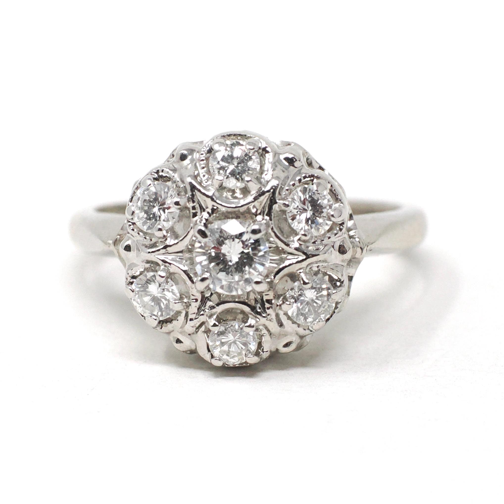 Diamond Cluster Ring - Mid Century 14k White Gold .75 CTW Natural Prong Set Halo - Vintage Circa 1950s Size 8.5 Celestial Dome Fine Jewelry