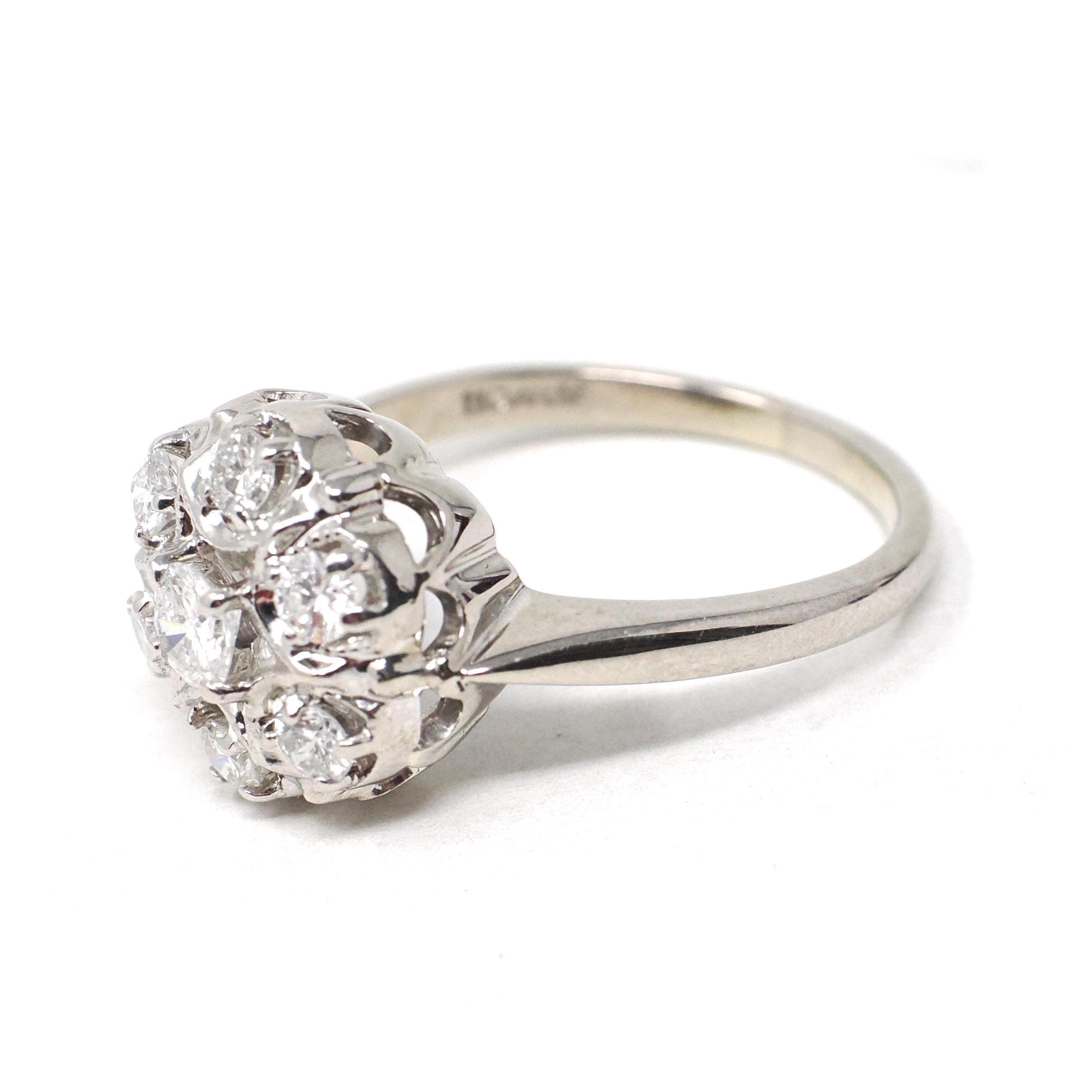 Diamond Cluster Ring - Mid Century 14k White Gold .75 CTW Natural Prong Set Halo - Vintage Circa 1950s Size 8.5 Celestial Dome Fine Jewelry