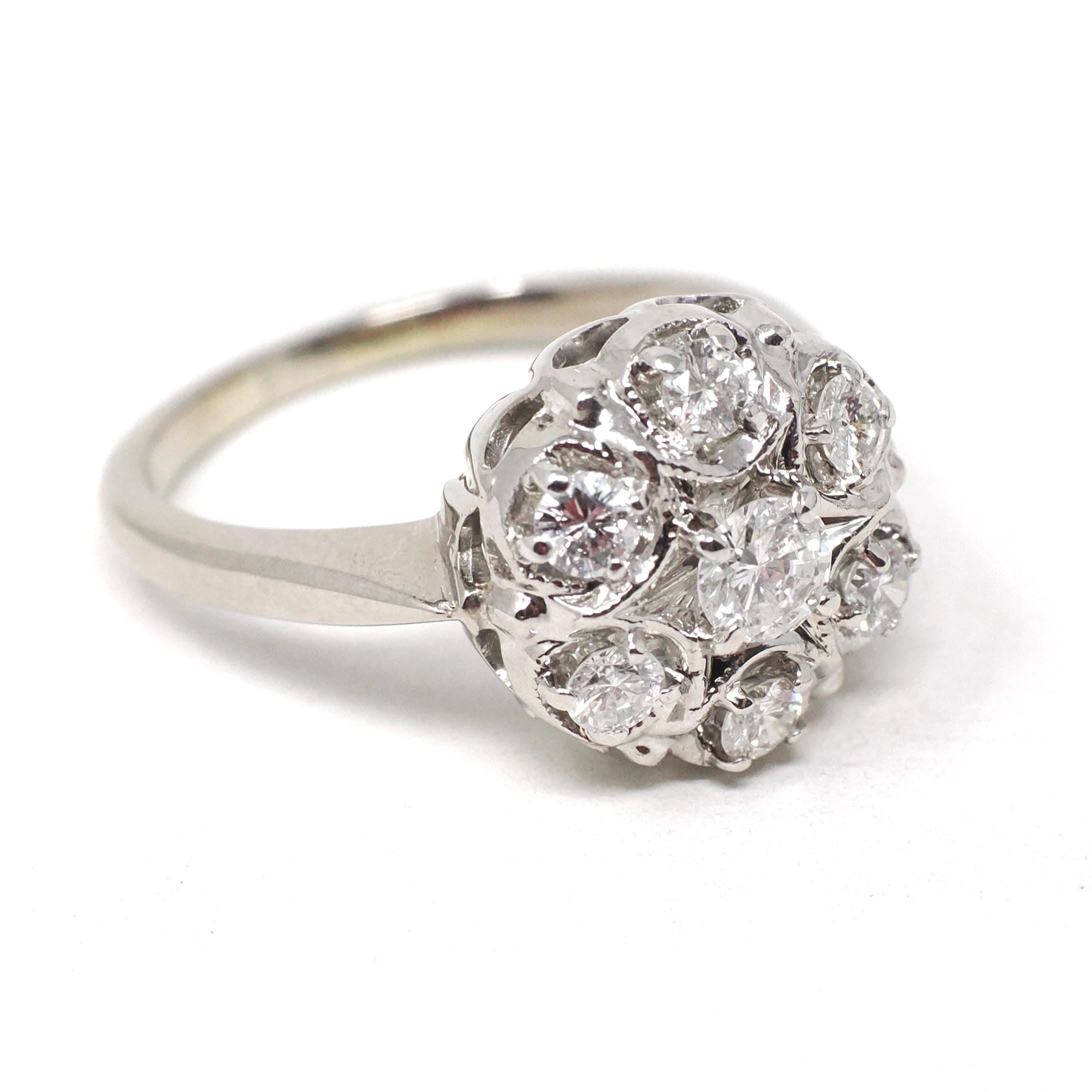 Diamond Cluster Ring - Mid Century 14k White Gold .75 CTW Natural Prong Set Halo - Vintage Circa 1950s Size 8.5 Celestial Dome Fine Jewelry