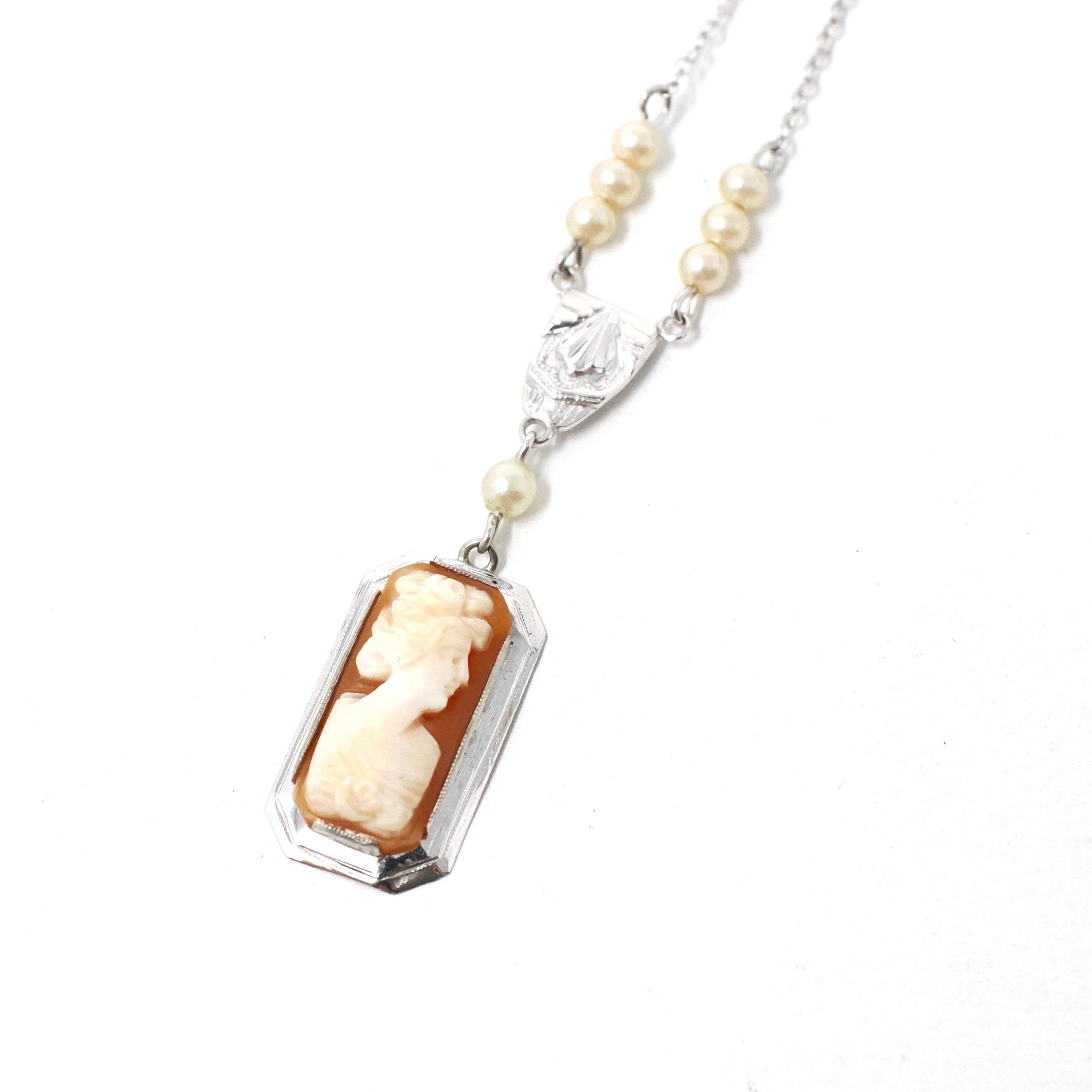 Art Deco Cameo Necklace - Vintage 10k White Gold Carved Natural Shell & Simulated Pearls - Circa 1930s Die Struck Pendant Charm Fine Jewelry