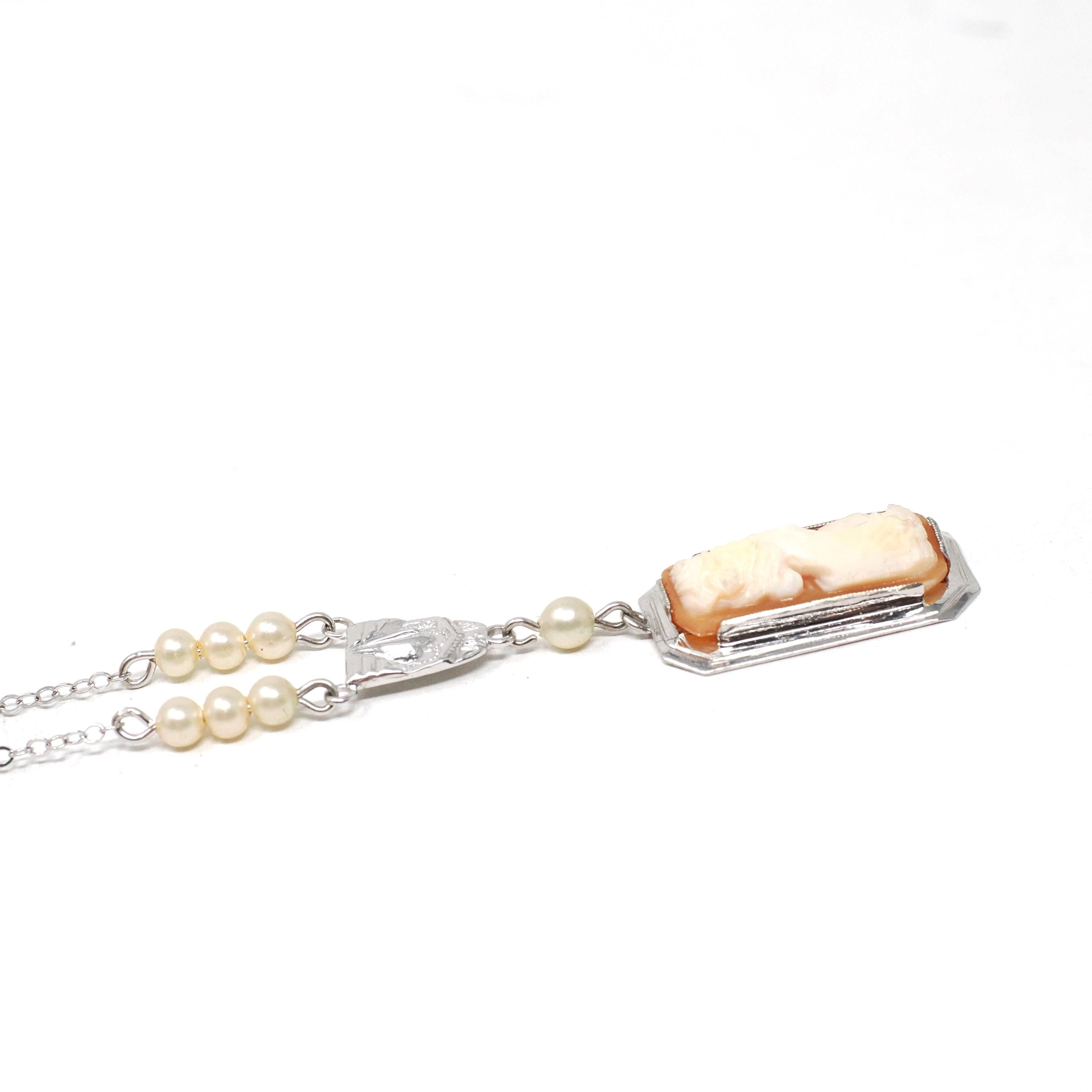 Art Deco Cameo Necklace - Vintage 10k White Gold Carved Natural Shell & Simulated Pearls - Circa 1930s Die Struck Pendant Charm Fine Jewelry