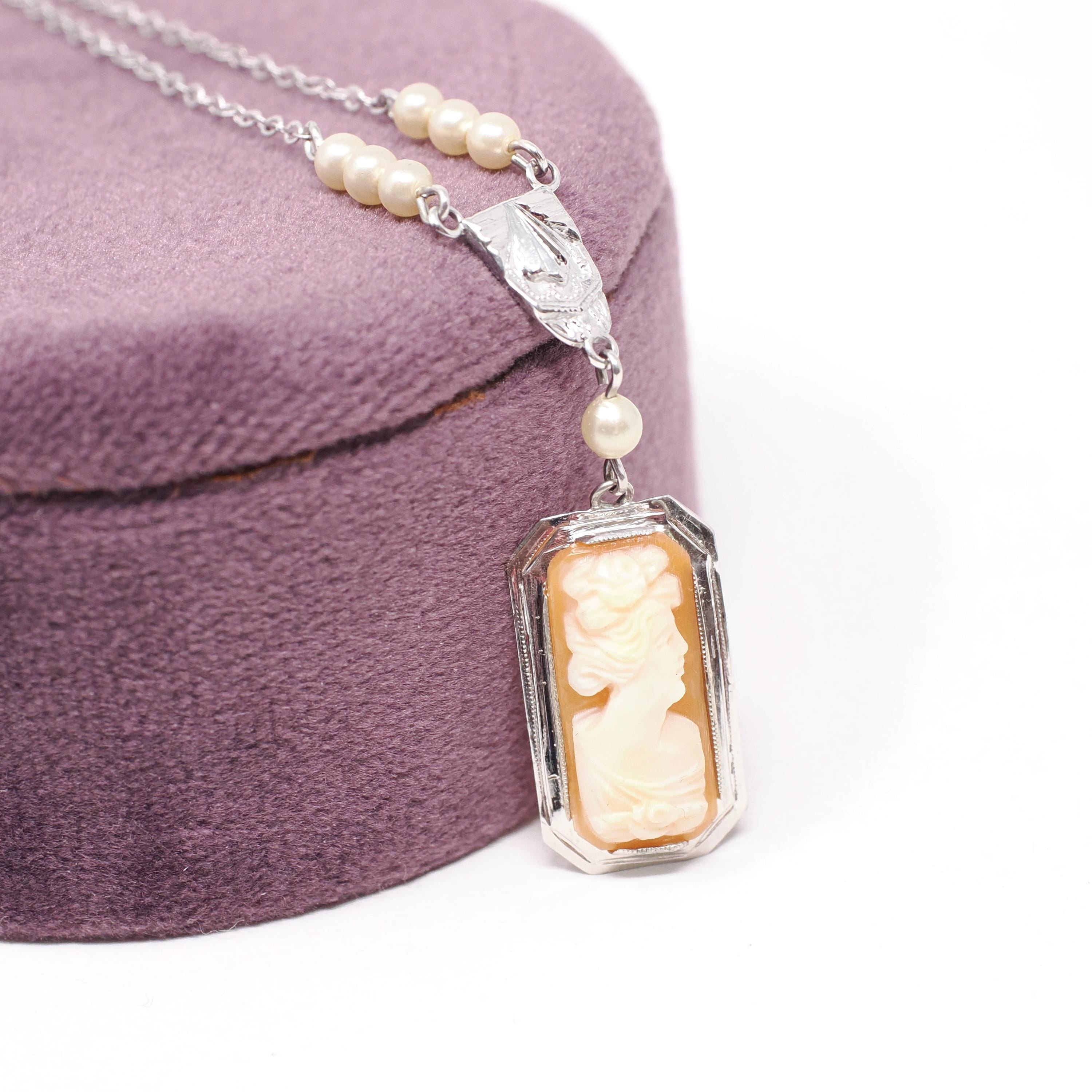 Art Deco Cameo Necklace - Vintage 10k White Gold Carved Natural Shell & Simulated Pearls - Circa 1930s Die Struck Pendant Charm Fine Jewelry