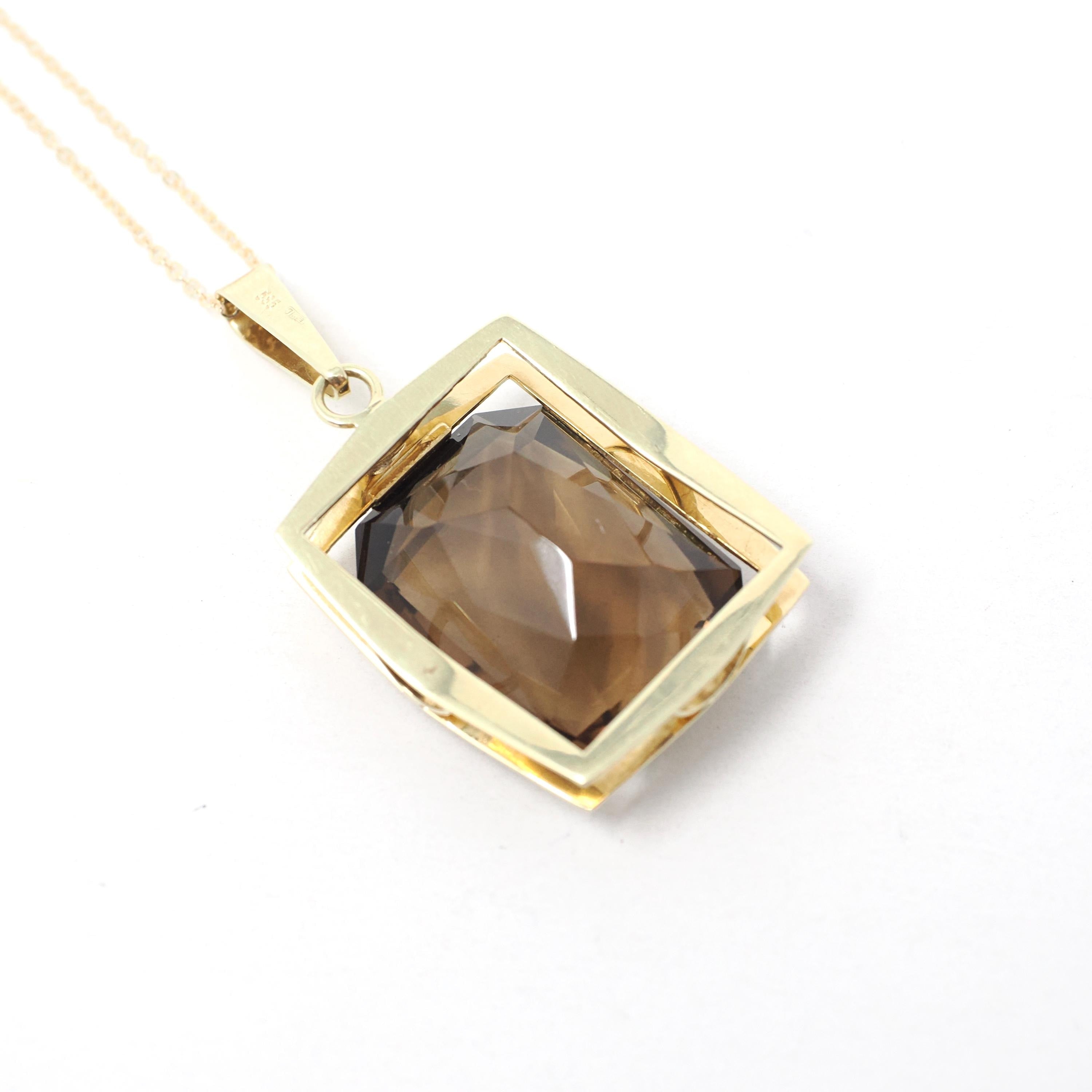 Smoky Quartz Necklace - Estate 14k Yellow Gold Natural Brown Emerald Cut 27.57 CT Gemstone Pendant - Circa 1990s Era Statement Fine Jewelry