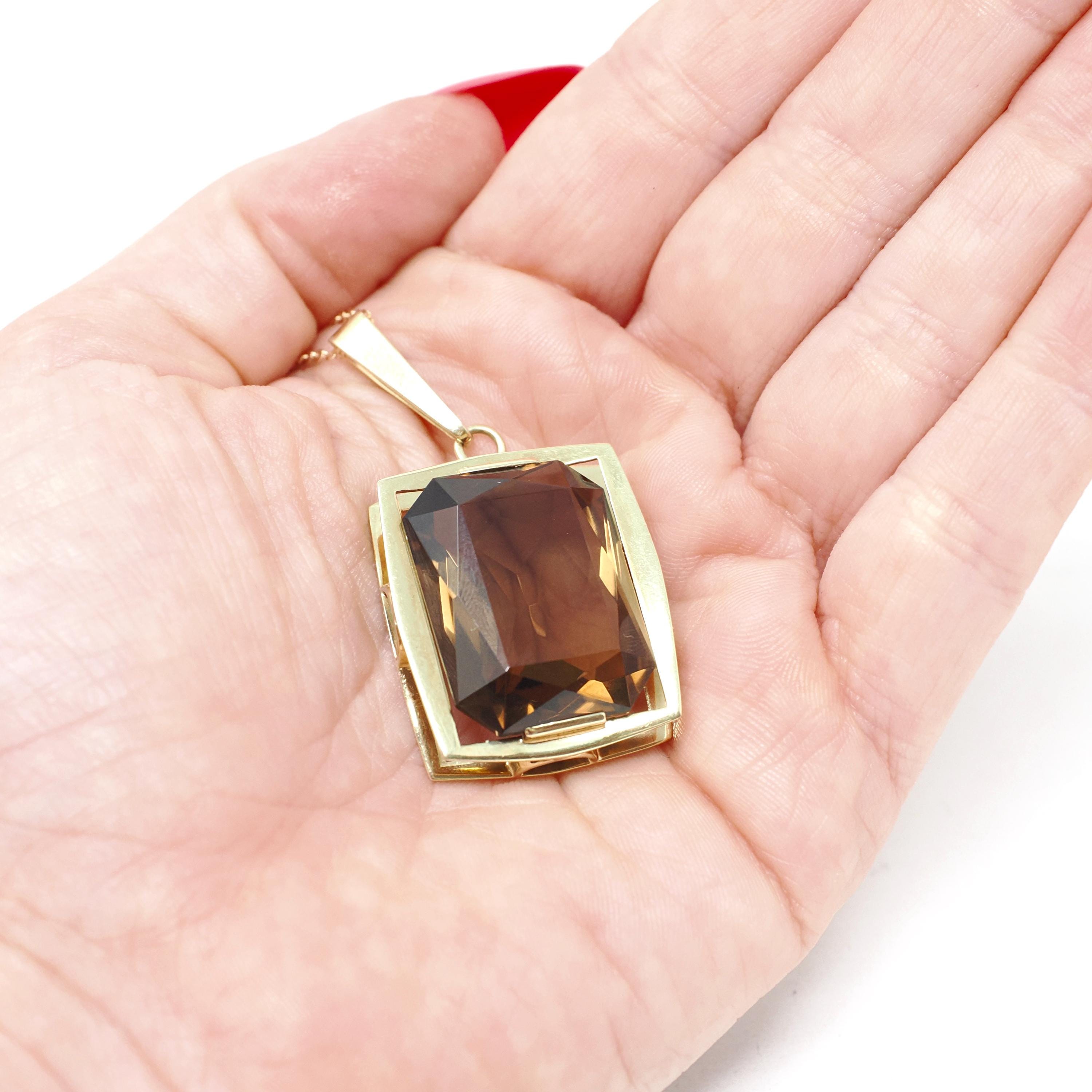 Smoky Quartz Necklace - Estate 14k Yellow Gold Natural Brown Emerald Cut 27.57 CT Gemstone Pendant - Circa 1990s Era Statement Fine Jewelry