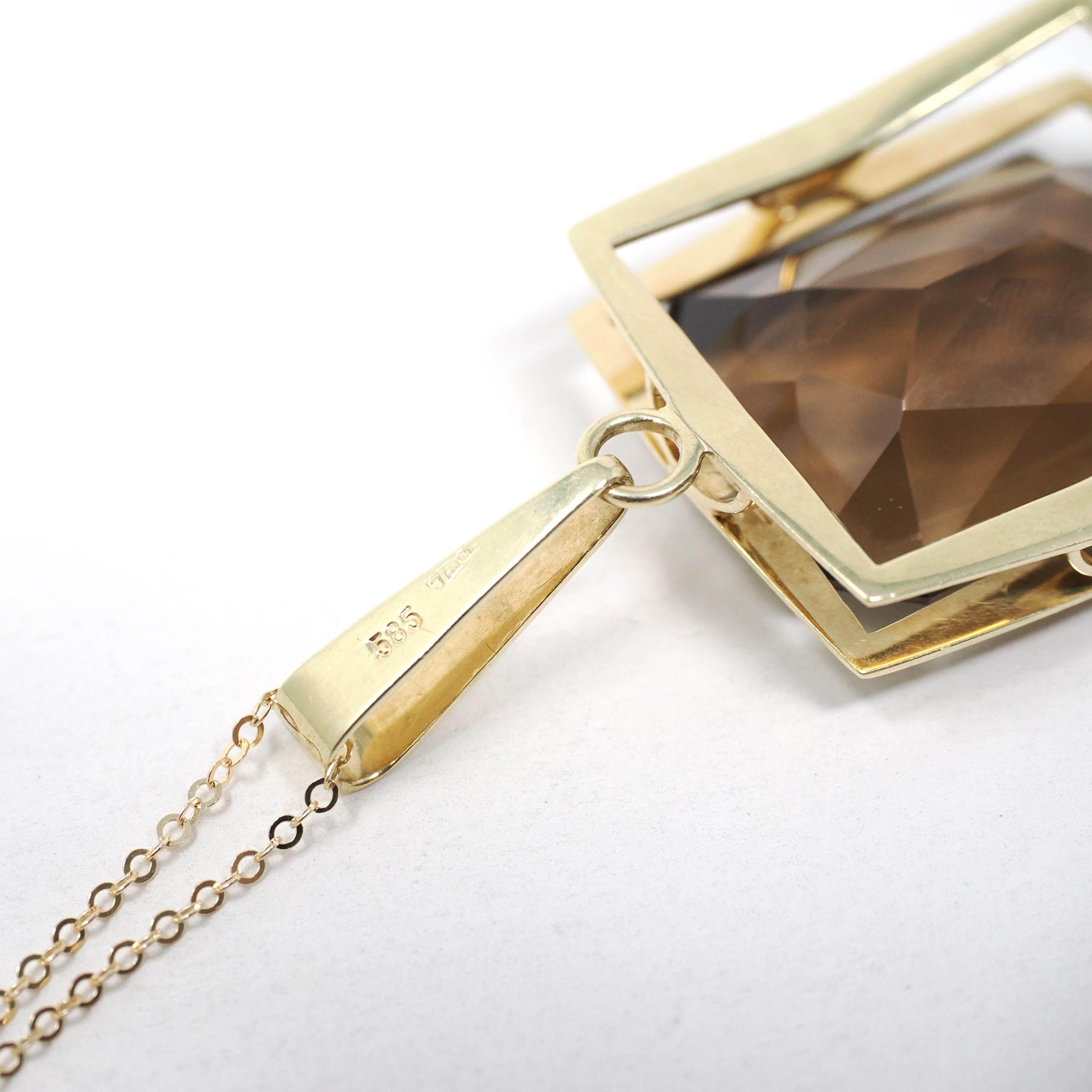 Smoky Quartz Necklace - Estate 14k Yellow Gold Natural Brown Emerald Cut 27.57 CT Gemstone Pendant - Circa 1990s Era Statement Fine Jewelry