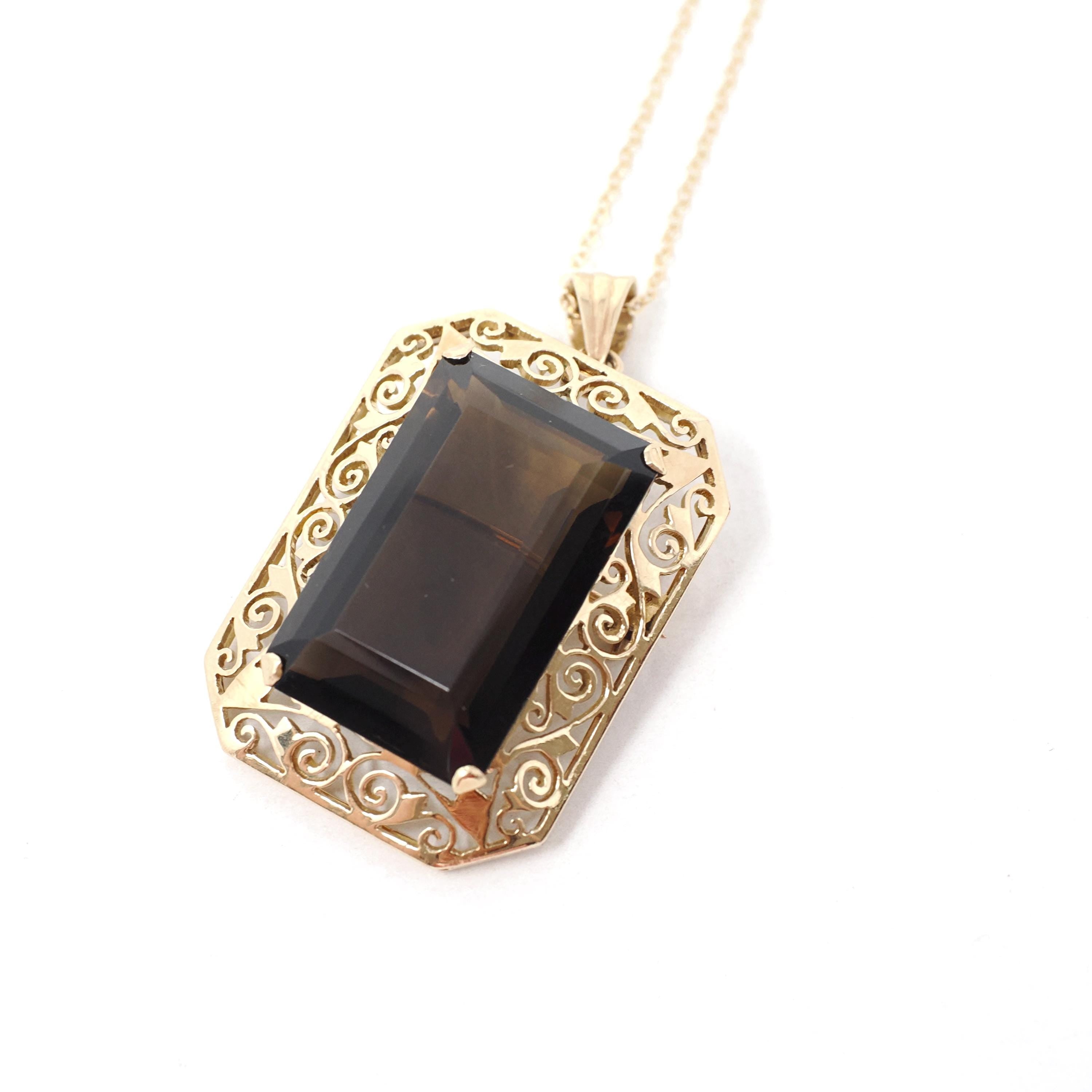 Brooch Conversion Necklace - Retro Era 14k Yellow Gold Natural Brown Smoky Quartz Gemstone Filigree Halo - Circa 1970s Era Fine Jewelry