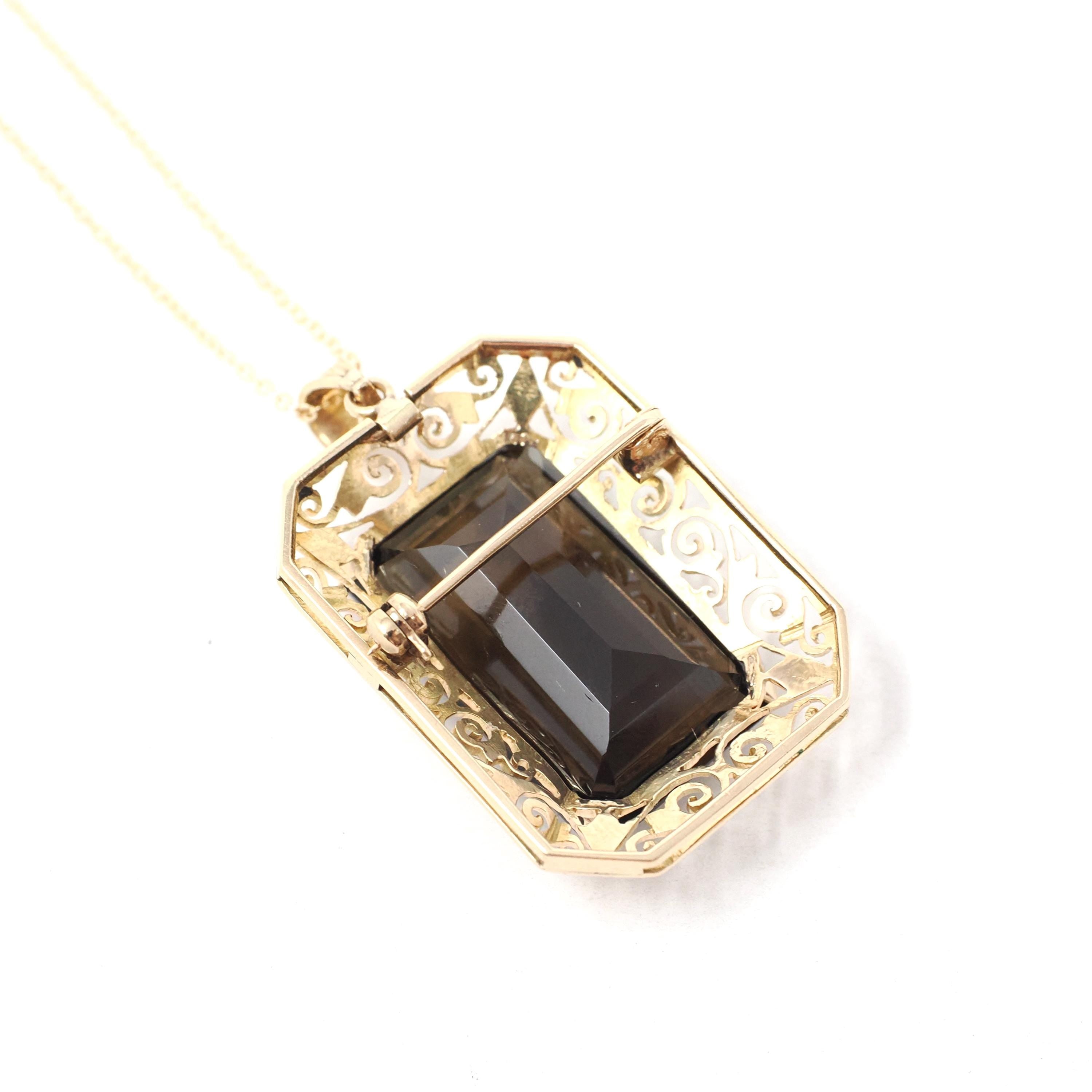 Brooch Conversion Necklace - Retro Era 14k Yellow Gold Natural Brown Smoky Quartz Gemstone Filigree Halo - Circa 1970s Era Fine Jewelry