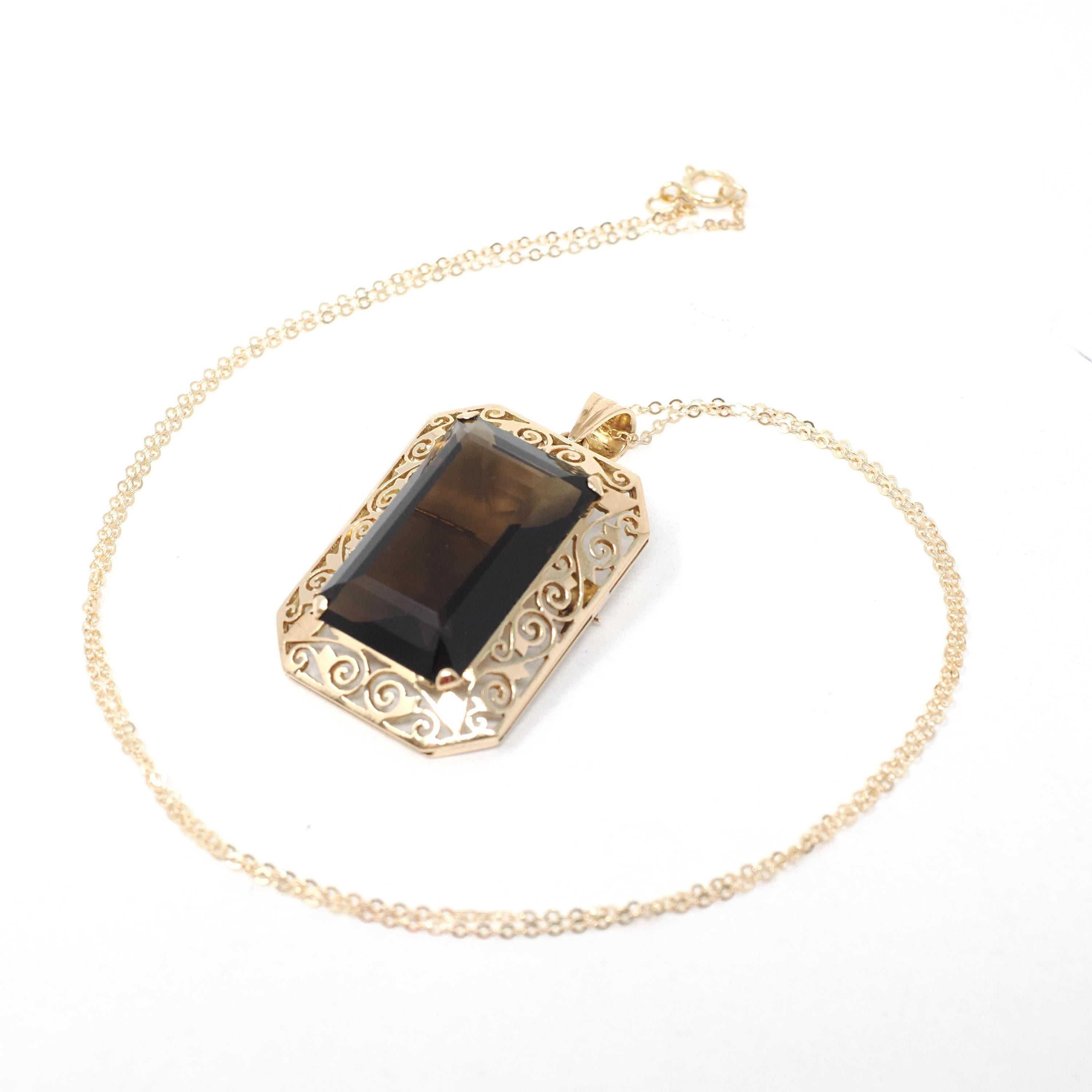 Brooch Conversion Necklace - Retro Era 14k Yellow Gold Natural Brown Smoky Quartz Gemstone Filigree Halo - Circa 1970s Era Fine Jewelry
