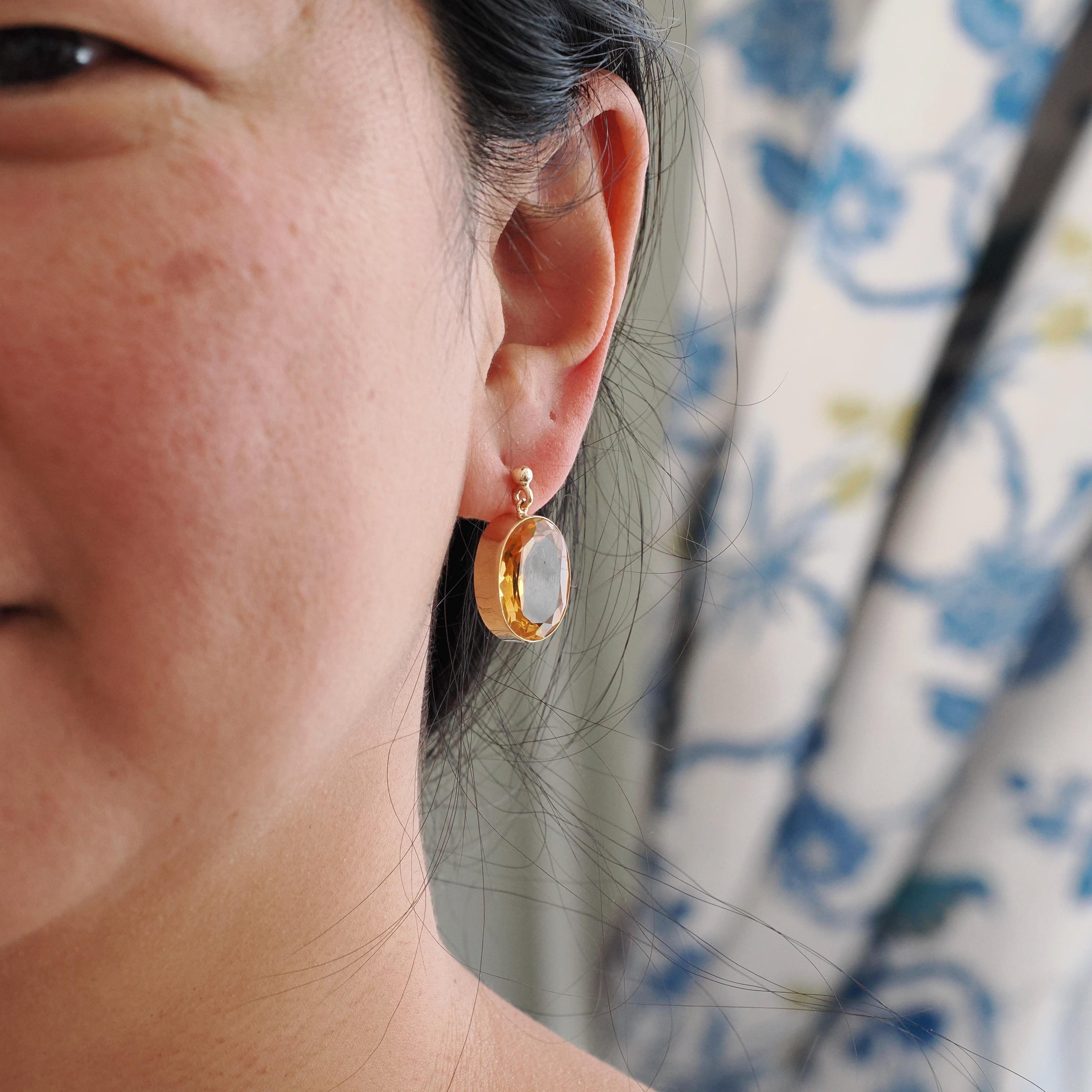 Modern Citrine Earrings - Estate 9k English Yellow Gold Natural Orange Oval Bezel Gem Post Drops - Dated 1997 Pierced Fine November Jewelry
