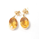 Modern Citrine Earrings - Estate 9k English Yellow Gold Natural Orange Oval Bezel Gem Post Drops - Dated 1997 Pierced Fine November Jewelry