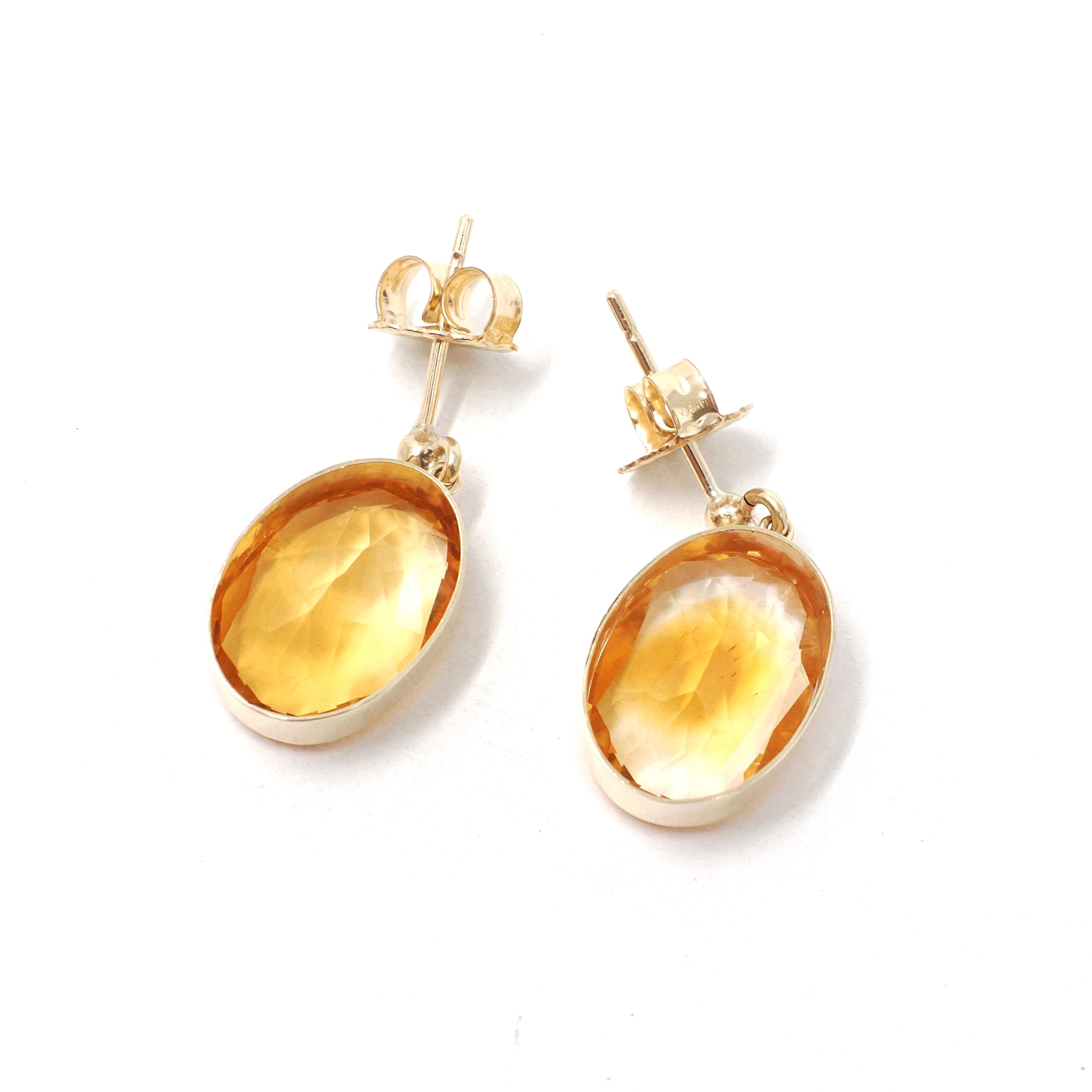 Modern Citrine Earrings - Estate 9k English Yellow Gold Natural Orange Oval Bezel Gem Post Drops - Dated 1997 Pierced Fine November Jewelry
