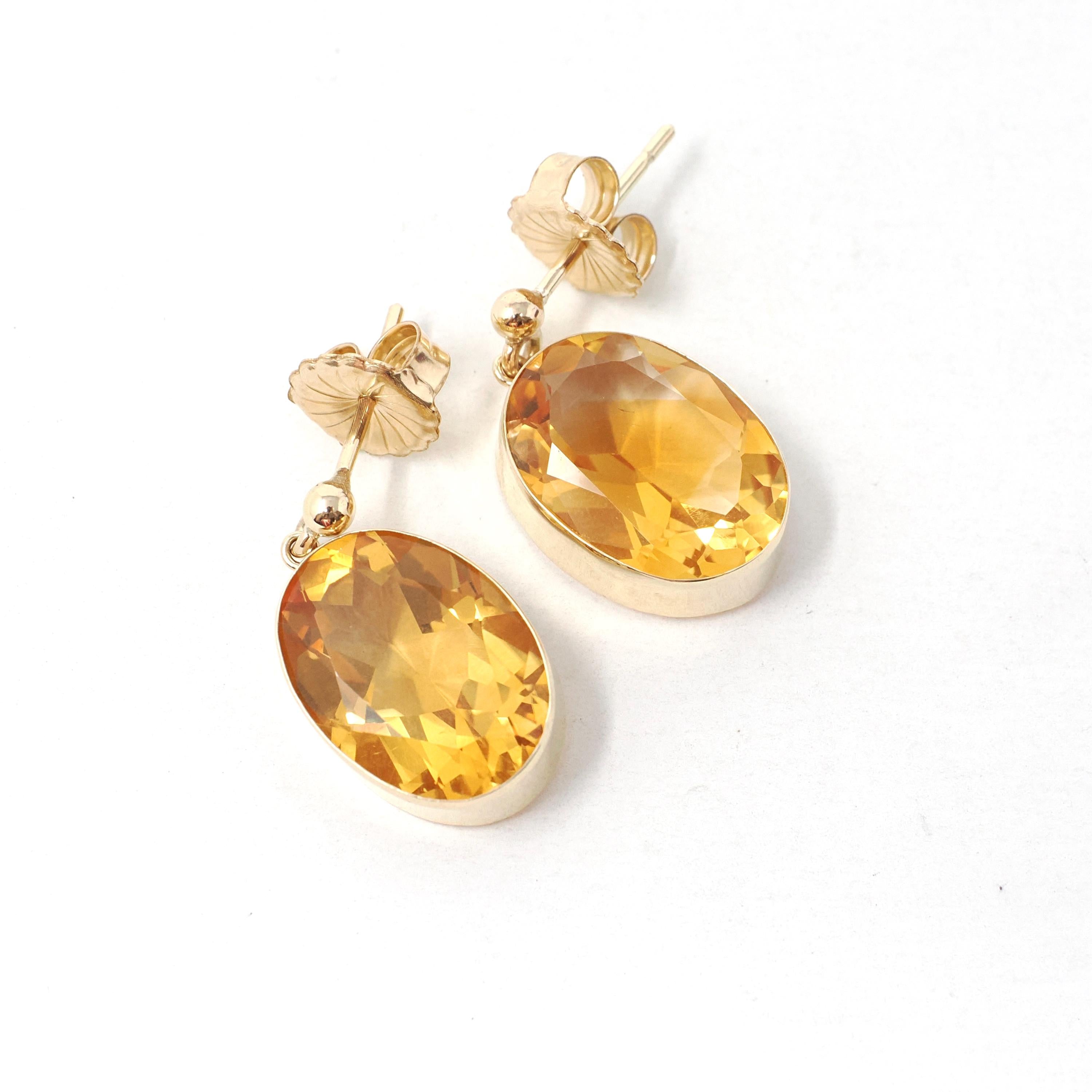 Modern Citrine Earrings - Estate 9k English Yellow Gold Natural Orange Oval Bezel Gem Post Drops - Dated 1997 Pierced Fine November Jewelry