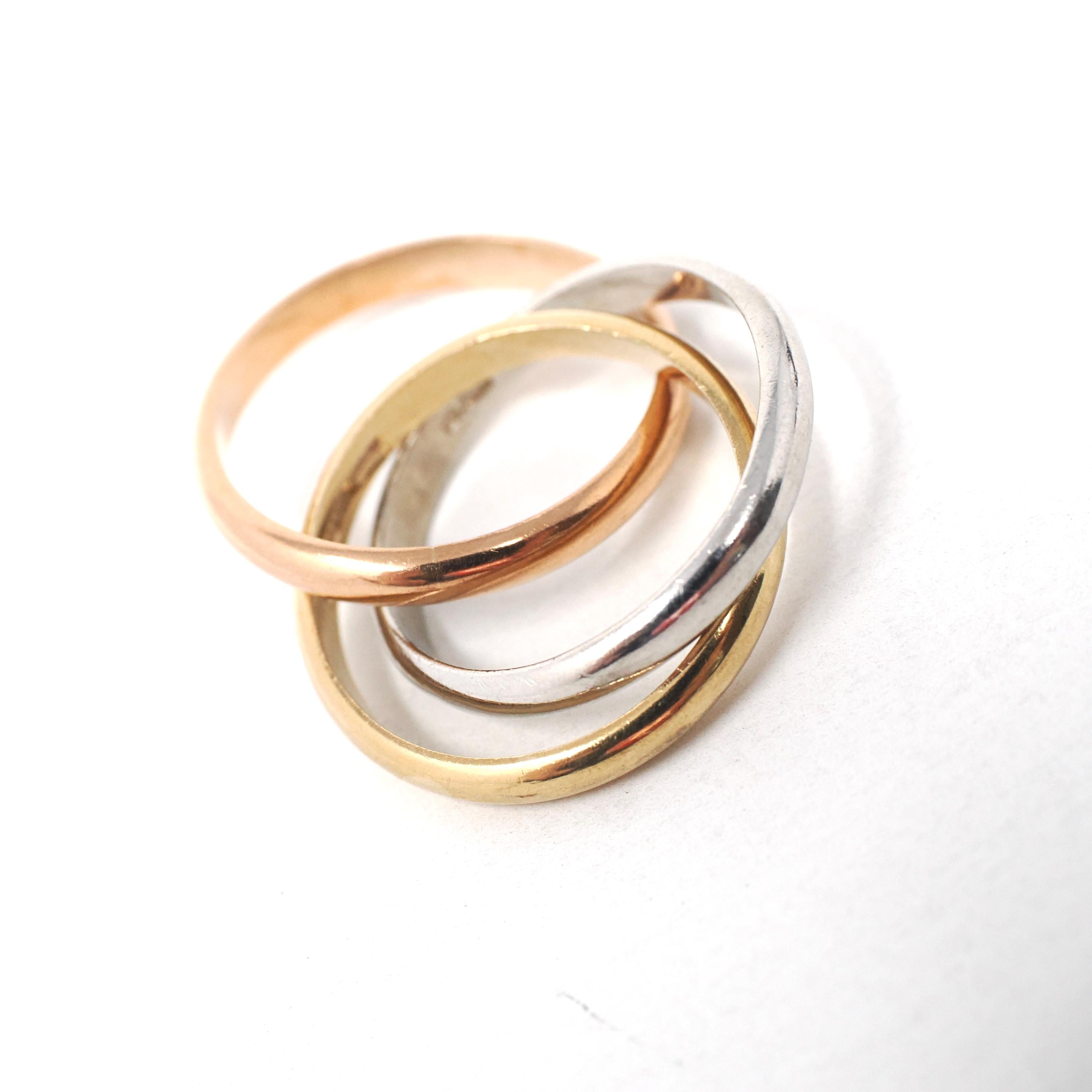 Rolling Trinity Ring - Vintage 9k Yellow Rose & White Gold Three Interlocking Bands - Modern Estate Year 1987 Size 6.5 Tri Tone Fine Jewelry