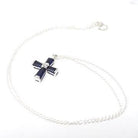 Created Blue Sapphire Cross Necklace - Modern 10k White Gold Diamond Accent Pendant Charm - Circa 2000s Era Religious Faith Fine Jewelry