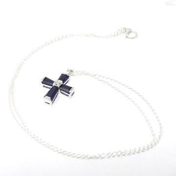 Created Blue Sapphire Cross Necklace - Modern 10k White Gold Diamond Accent Pendant Charm - Circa 2000s Era Religious Faith Fine Jewelry
