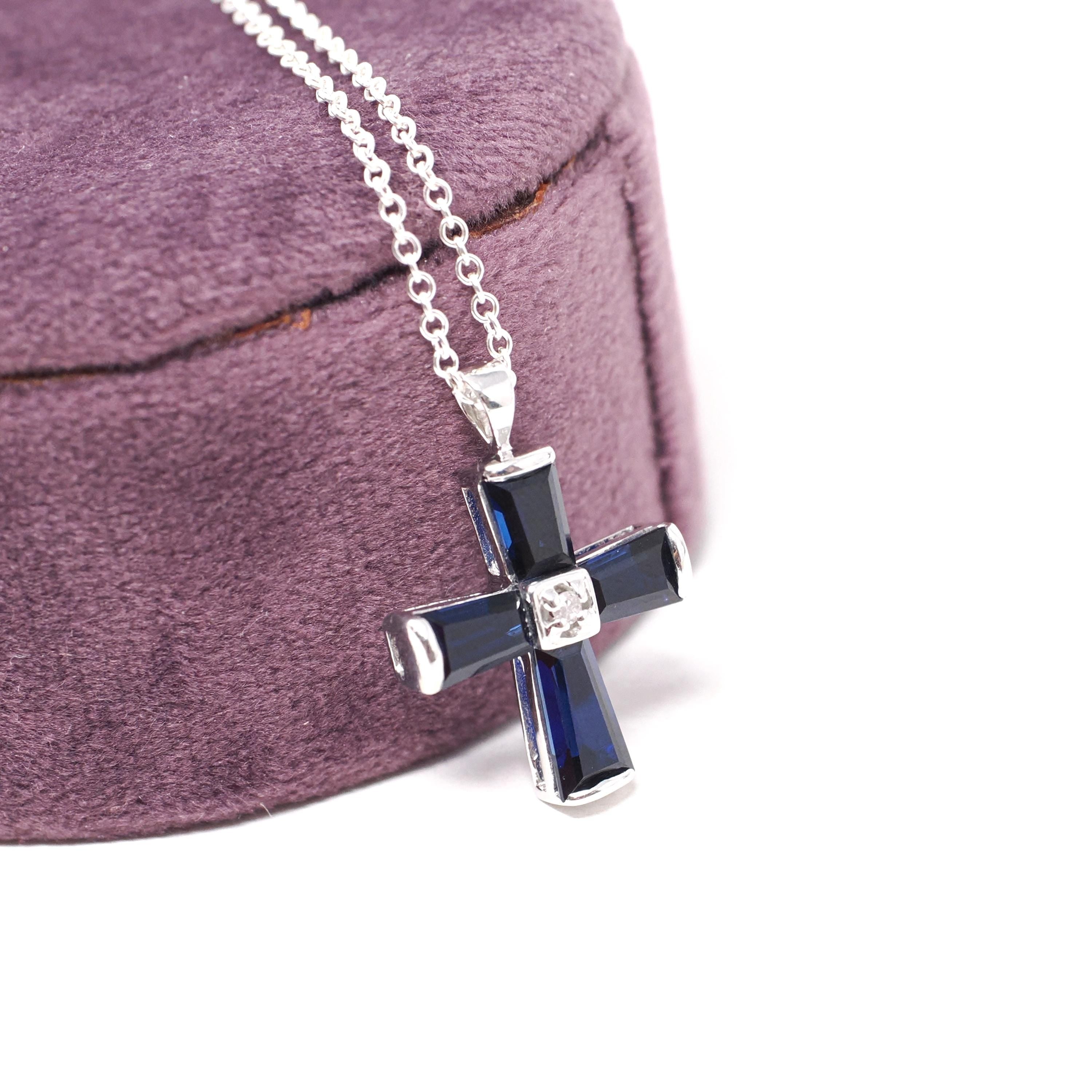 Created Blue Sapphire Cross Necklace - Modern 10k White Gold Diamond Accent Pendant Charm - Circa 2000s Era Religious Faith Fine Jewelry