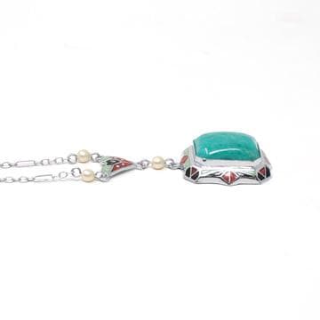 Art Deco Lavalier - Antique 10k White Gold Amazonite Gem & Black Green Red Enamel Charm Necklace - Circa 1920s Era Seed Pearl Fine Jewelry