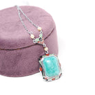Art Deco Lavalier - Antique 10k White Gold Amazonite Gem & Black Green Red Enamel Charm Necklace - Circa 1920s Era Seed Pearl Fine Jewelry