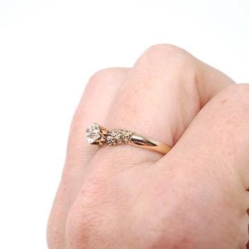 Victorian Diamond Ring - Antique 14k Rosy Yellow Gold .49 CT Old Mine Cut Handmade Solitaire - Circa 1890s Size 7 Fine Floral Bridal Jewelry