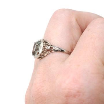 Created Quartz Ring - Art Deco 14k White Gold Emerald Cut Aqua Green Statement Gem - Antique Circa 1920's Era Size 6 Fine Filigree Jewelry