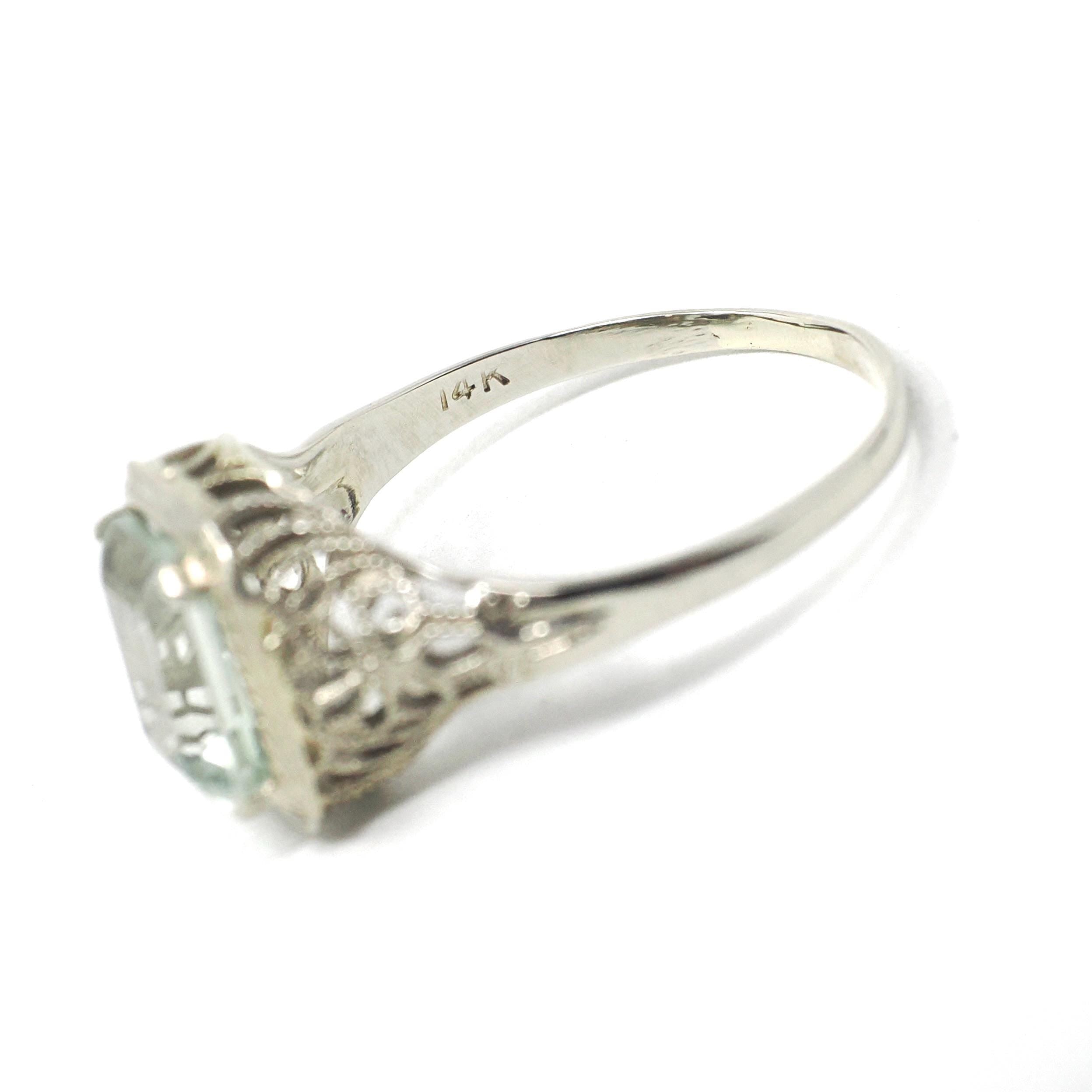 Created Quartz Ring - Art Deco 14k White Gold Emerald Cut Aqua Green Statement Gem - Antique Circa 1920's Era Size 6 Fine Filigree Jewelry