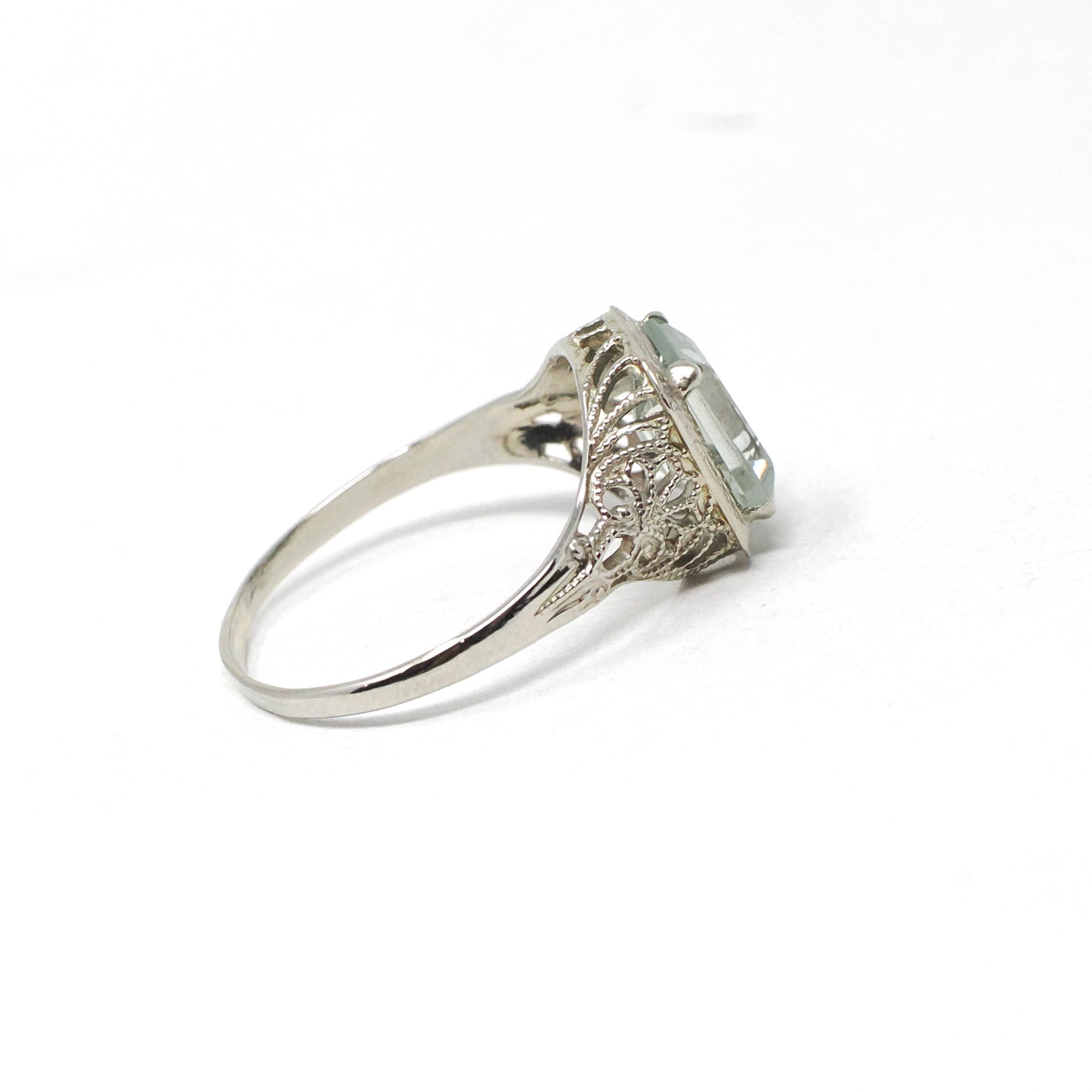 Created Quartz Ring - Art Deco 14k White Gold Emerald Cut Aqua Green Statement Gem - Antique Circa 1920's Era Size 6 Fine Filigree Jewelry