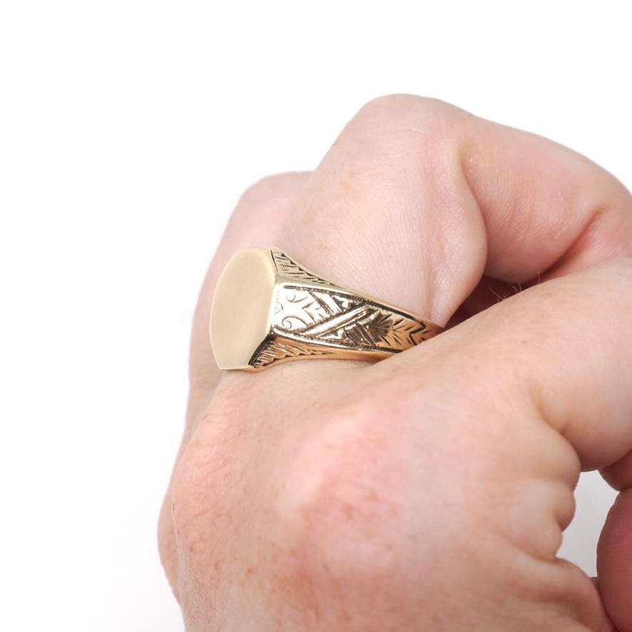 Edwardian Signet Ring - Antique 10k Yellow Gold Blank Octagonal Engravable Shield - Circa 1900s Era Size 12 Unisex Wheat Patina Fine Jewelry