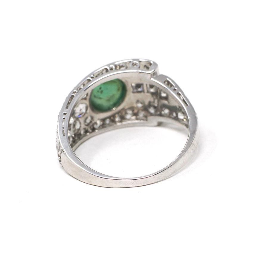 Emerald & Diamond Ring - Mid Century Platinum Natural Green Cabochon Beryl 1.72 CTW Accents - Circa 1950s Size 8.75 Buckle Band Fine Jewelry