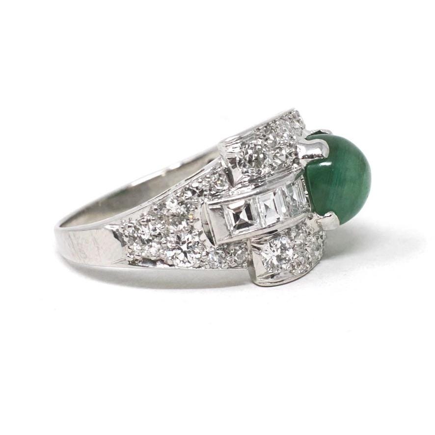 Emerald & Diamond Ring - Mid Century Platinum Natural Green Cabochon Beryl 1.72 CTW Accents - Circa 1950s Size 8.75 Buckle Band Fine Jewelry