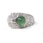 Emerald & Diamond Ring - Mid Century Platinum Natural Green Cabochon Beryl 1.72 CTW Accents - Circa 1950s Size 8.75 Buckle Band Fine Jewelry