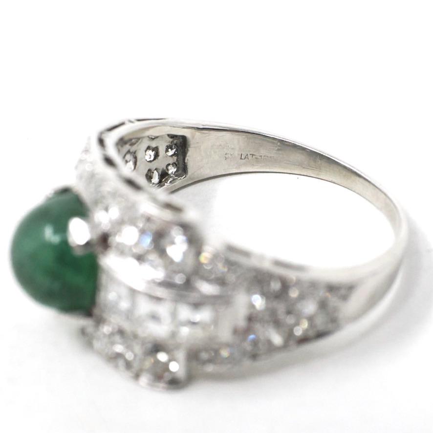 Emerald & Diamond Ring - Mid Century Platinum Natural Green Cabochon Beryl 1.72 CTW Accents - Circa 1950s Size 8.75 Buckle Band Fine Jewelry