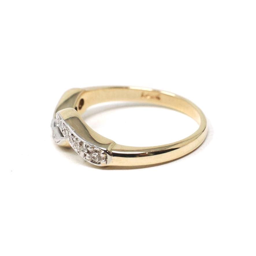 Bypass Wedding Ring - Mid Century 14k Yellow Gold Two Tone .16 CTW Antique Diamond Twist Band - Circa 1940s Size 4 1/4 Fine Bridal Jewelry