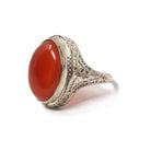Antique Carnelian Ring - Art Deco 14k White Gold Oval Cabochon Cut Natural Gem - Circa 1920s Era Size 4 1/2 Statement Filigree Fine Jewelry
